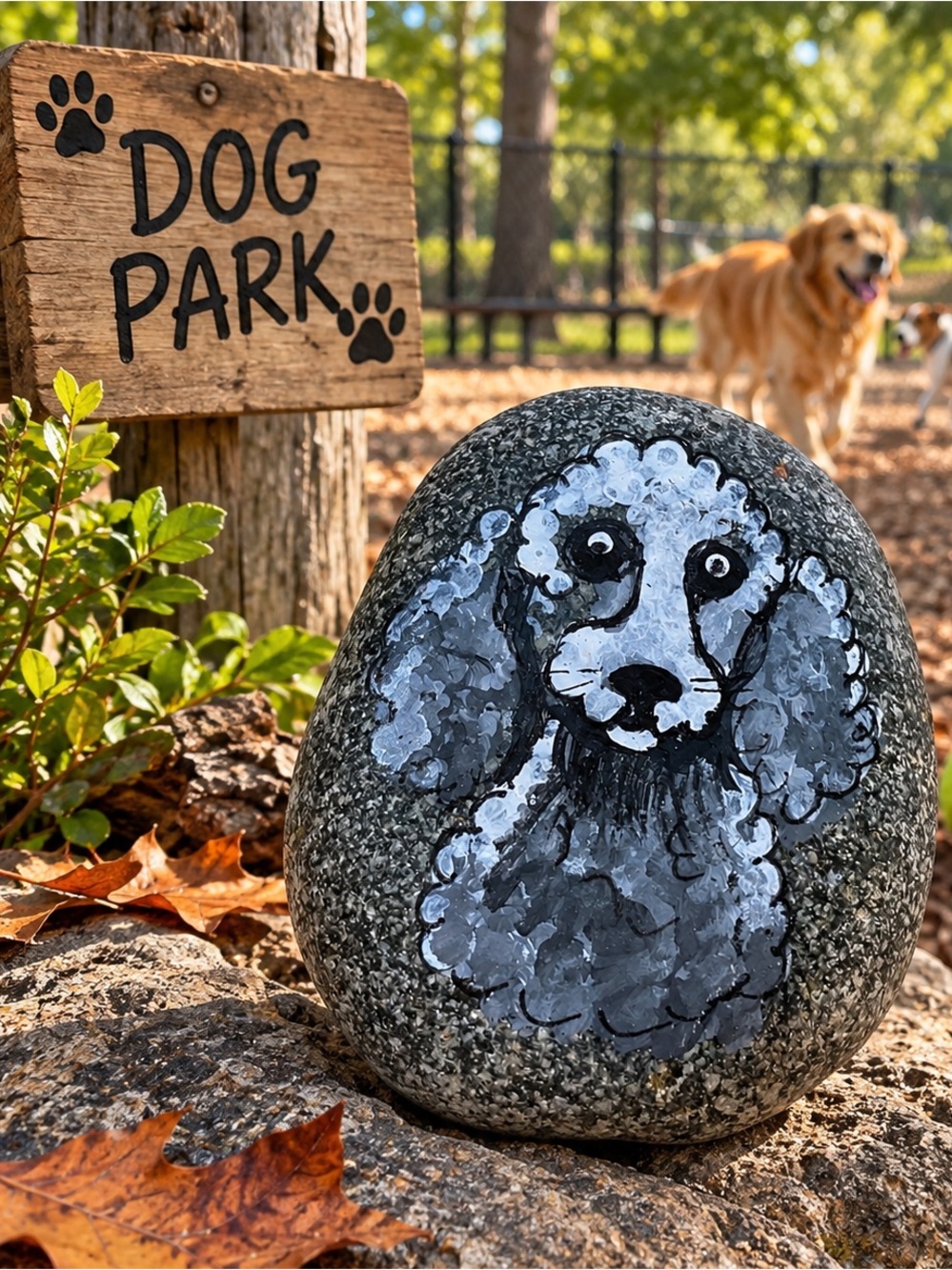 Hand crafted painted white poodle dog gray rock fluffy curly puppy 3x2.5 inch